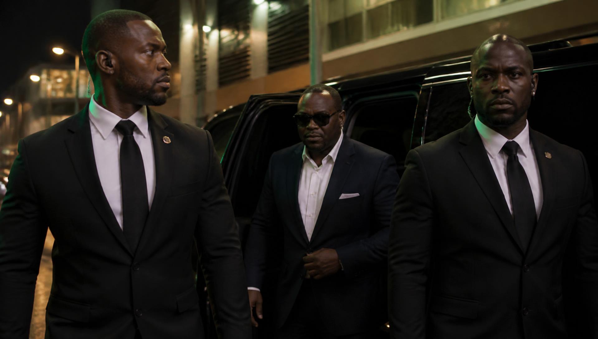 Zero Harm close protection officers escorting a client to a secure vehicle at night in Port of Spain